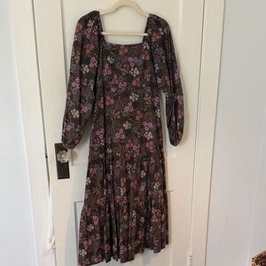 summersalt Brown Floral Square-Neck Long Sleeve Midi Dress